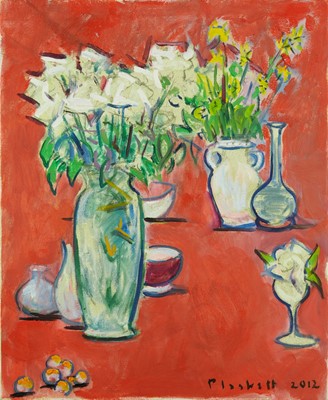 Lot 1103 - Joseph Plaskett (1918-2014) oil on canvas - Still Life with Flowers and Vases, signed and dated 2012, 81cm x 66cm, unframed