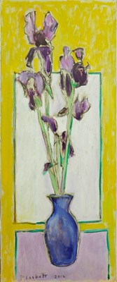 Lot 1106 - Joseph Plaskett (1918-2014) oil on canvas - Still Life Purple Iris, signed and dated 2012, 91cm x 38cm, unframed