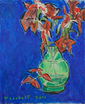 Lot 1107 - Joseph Plaskett (1918-2014) oil on canvas - Still Life Red Plant and Lillies, signed and dated 2011, 73cm x 60cm, unframed