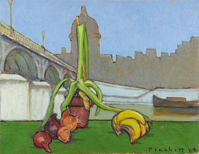 Lot 1108 - Joseph Plaskett (1918-2014) oil on canvas - River Landscape with Still Life, indistinctly titled verso, signed and dated '04, 56cm x 71cm, unframed