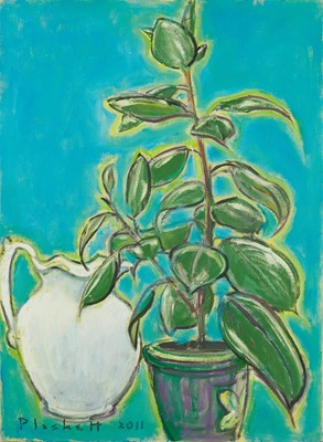 Lot 1109 - Joseph Plaskett (1918-2014) oil on canvas - Still Life White Jug, Green Plant, signed and dated 2011, 74cm x 54cm, unframed