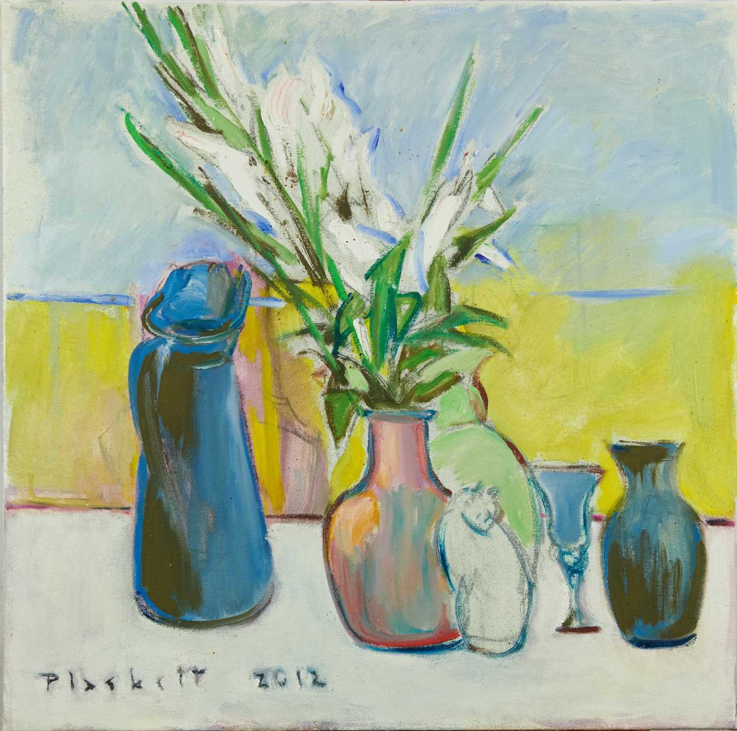 Lot 1120 - Joseph Plaskett (1918-2014) oil on canvas - Still Life with Model Cat, signed and dated 2012, 75cm x 76cm, unframed