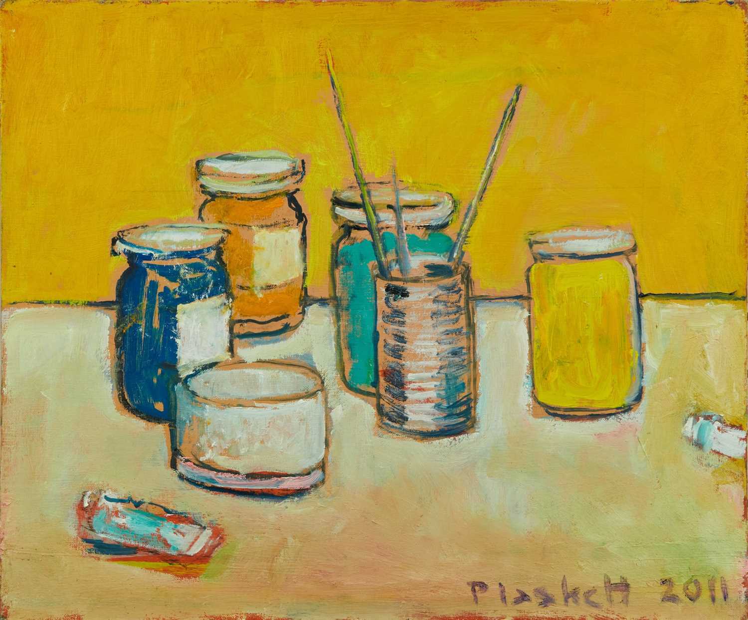 Lot 1122 - Joseph Plaskett (1918-2014) oil on canvas - Still Life Pots of Paint, signed and dated 2011, 46cm x 55cm, unframed