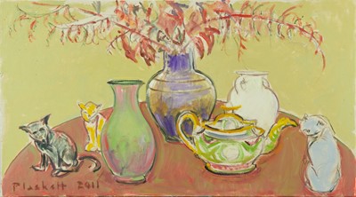 Lot 1123 - Joseph Plaskett (1918-2014) oil on canvas - Still Life on Round Table, signed and dated 2011, 51cm x 91cm, unframed