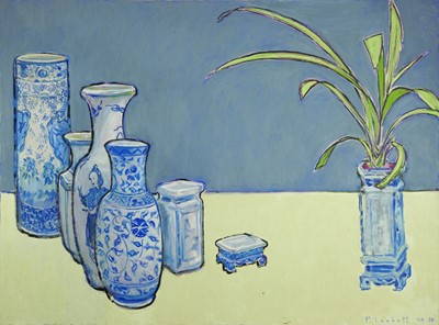 Lot 1124 - Joseph Plaskett (1918-2014) oil on canvas - Still Life, Chinese Porcelain Versus Clivia, signed and dated '08-'09, 105cm x 140cm, unframed