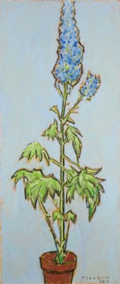 Lot 1126 - Joseph Plaskett (1918-2014) oil on canvas - Still Life, Blue Delphiniums, signed and dated 2011, 127cm x 53cm, unframed