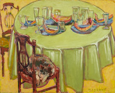 Lot 1139 - Joseph Plaskett (1918-2014) oil on unstretched canvas - Still Life, A Feast of Watermelons and Puss, signed, 90cm x 100cm, unframed