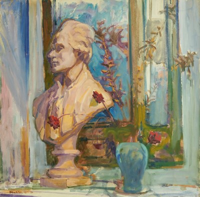 Lot 1140 - Joseph Plaskett (1918-2014) oil on unstretched canvas - Still Life Interior with Bust, signed and dated '70, 73cm x 71cm, unframed