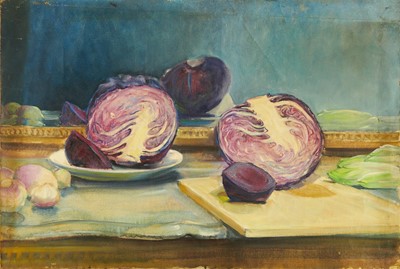 Lot 1141 - Joseph Plaskett (1918-2014) oil on unstretched canvas - Still Life Red Cabbage, unsigned, 49cm x 73cm, unframed