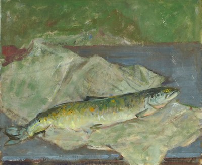 Lot 1142 - Joseph Plaskett (1918-2014) oil on unstretched canvas - Still Life Salmon, unsigned, 53cm x 64cm, unframed