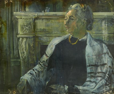 Lot 1143 - Joseph Plaskett (1918-2014) oil on unstretched canvas - Portrait of a Lady before a Mantelpiece, signed 60cm x 73cm, a still life verso, unframed