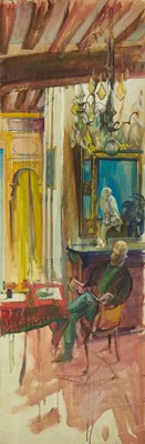 Lot 1144 - Joseph Plaskett (1918-2014) oil on unstretched canvas - Interior with Seated Figure and Owl, unsigned, 145cm x 50cm, unframed