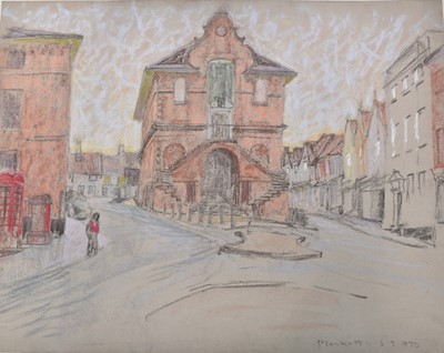 Lot 1127 - Joseph Plaskett (1918-2014) pastel on paper, Woodbridge Market Square, signed and dated '73, approximately 50cm x 65cm, unframed