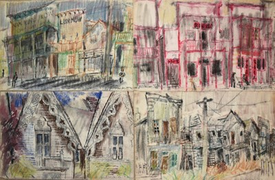 Lot 1129 - Joseph Plaskett (1918-2014) group of four pastels on paper, sketches of China Town Nanaimo, British Columbia, signed and dated '53, approximately 31cm x 48cm