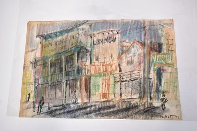 Lot 1129 - Joseph Plaskett (1918-2014) group of four pastels on paper, sketches of China Town Nanaimo, British Columbia, signed and dated '53, approximately 31cm x 48cm