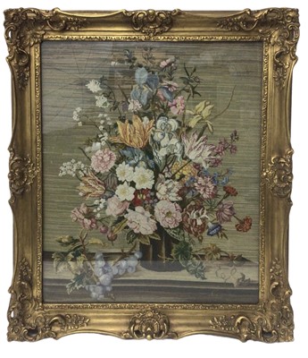 Lot 1044 - Good quality 19th century petit point needlework panel depicting a still life of summer flowers in a vase, in a glazed gilt frame