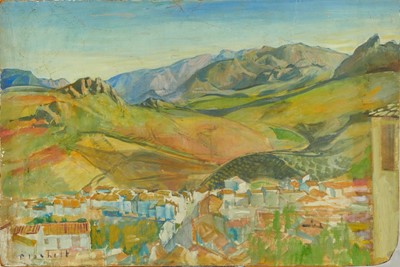 Lot 1136 - Joseph Plaskett (1918-2014) oil on board - Spanish Landscape, indistinctly titled verso, signed, 50cm x 74cm, unframed