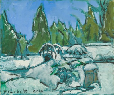 Lot 1145 - Joseph Plaskett (1918-2014) oil on canvas - The Cedars in Snow, signed and dated 2010, 46cm x 55cm, unframed