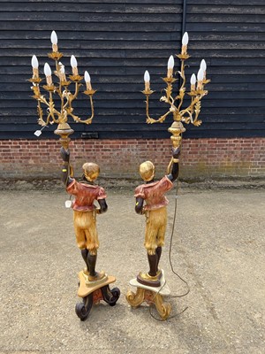 Lot 5 - Pair of blackamore lamps, with seven branches, 190cm high