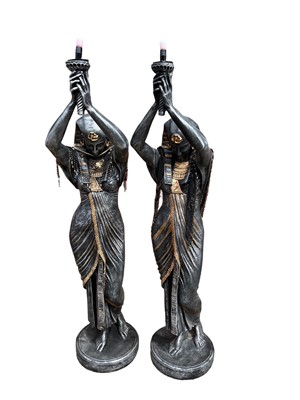 Lot 6 - Pair of Egyptian revival figural lamps, 180cm high