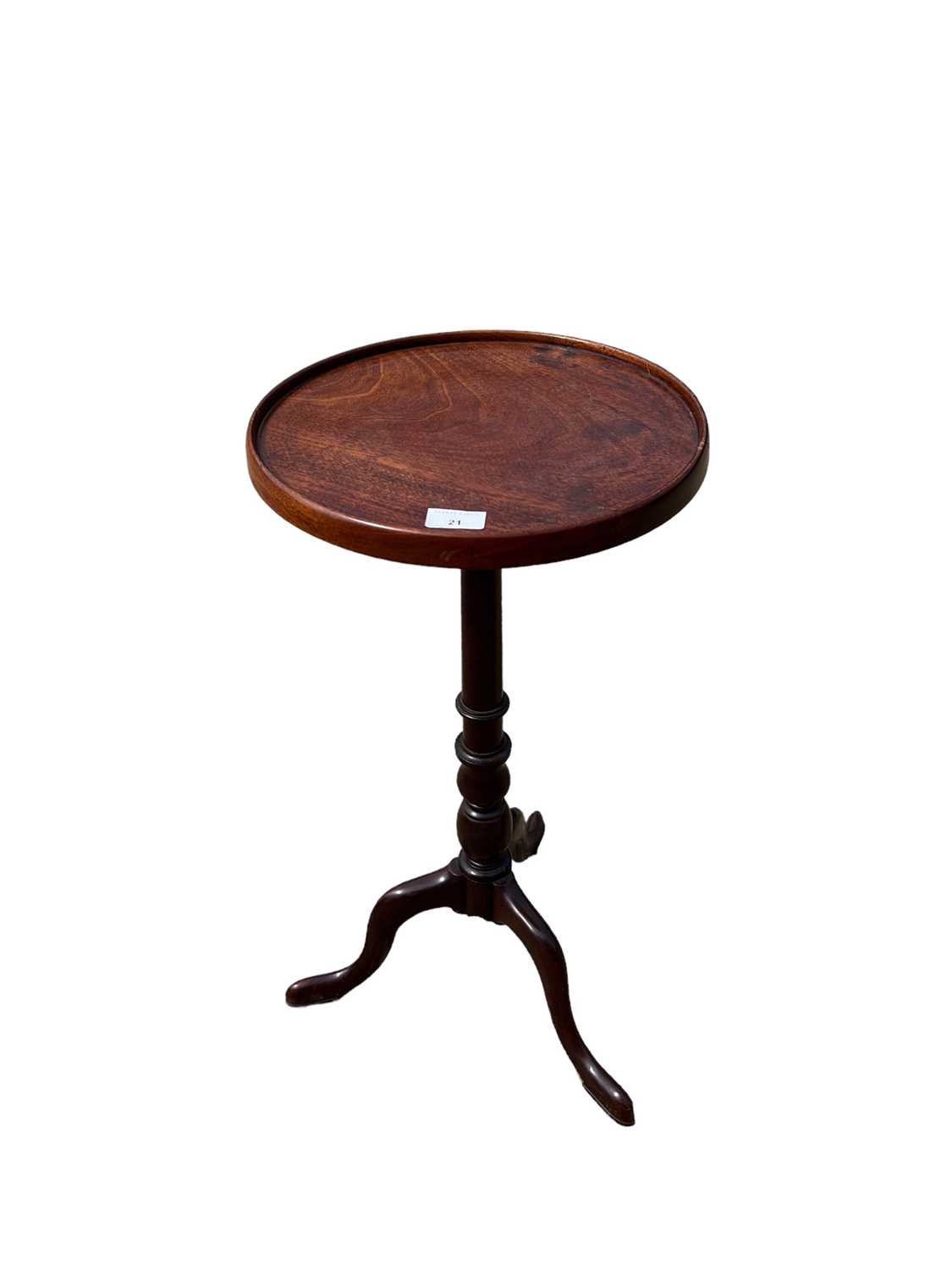 Lot 21 - Antique mahogany wine table, with dished top on tripod base, 34cm diameter