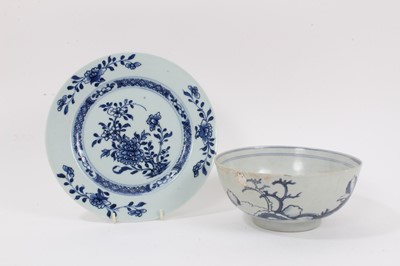 Lot 232 - Two pieces of 18th century Chinese blue and white Nanking Cargo porcelain, including a bowl and a plate, the bowl measuring 18.5cm diameter