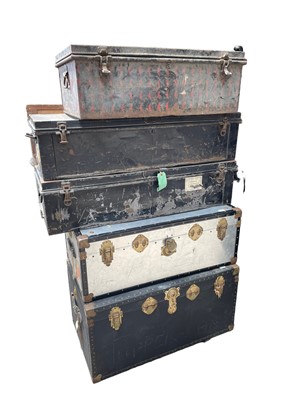 Lot 57 - Three early 20th century military tin trunks, together with two ther later trunks (5)