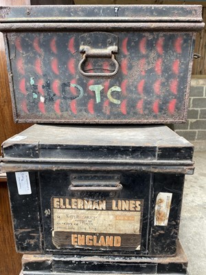 Lot 57 - Three early 20th century military tin trunks, together with two ther later trunks (5)