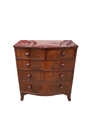 Lot 53 - Victorian bow front chest of two short and three long graduated drawers, 97cm wide, 52cm deep, 108cm high