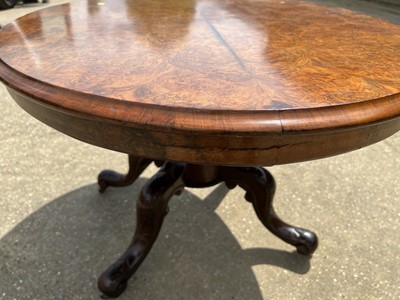 Lot 69 - Victorian burr walnut oval tilt top loo table on turned column and four splayed legs, 120cm x 88cm