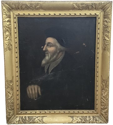 Lot 1354 - English School, 18th century, oil on canvas - Portrait of Bishop Latimer (1487-1555), 67cm x 54cm, in gilt frame