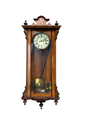 Lot 46 - 19th century inlaid mahogany Vienna wall clock, 103cm high with pendulum and two weights
