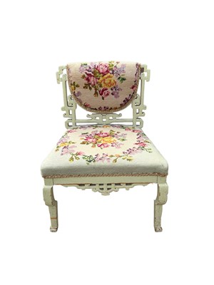 Lot 90 - Painted chinoiserie carved and embroidered side chair