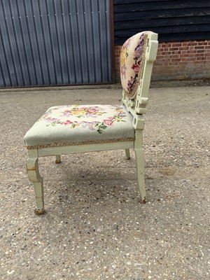 Lot 90 - Painted chinoiserie carved and embroidered side chair