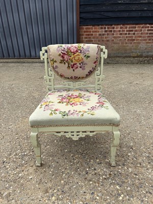 Lot 90 - Painted chinoiserie carved and embroidered side chair