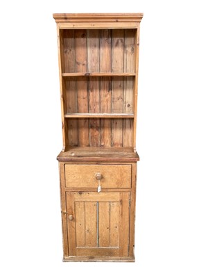 Lot 91 - Antique pine small size dresser, with shelved upper and enclosed cupboard below  65w x 33d x 200h