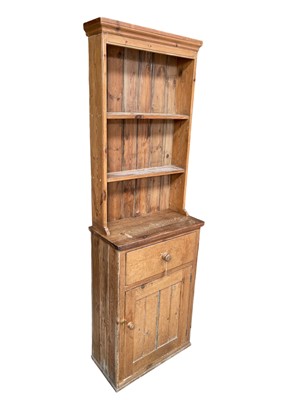 Lot 91 - Antique pine small size dresser, with shelved upper and enclosed cupboard below  65w x 33d x 200h