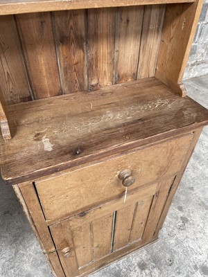 Lot 91 - Antique pine small size dresser, with shelved upper and enclosed cupboard below  65w x 33d x 200h