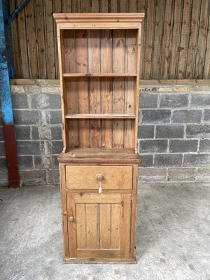 Lot 91 - Antique pine small size dresser, with shelved upper and enclosed cupboard below  65w x 33d x 200h