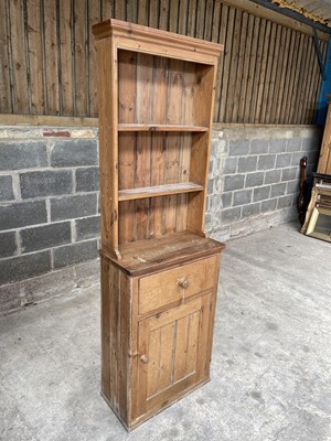 Lot 91 - Antique pine small size dresser, with shelved upper and enclosed cupboard below  65w x 33d x 200h