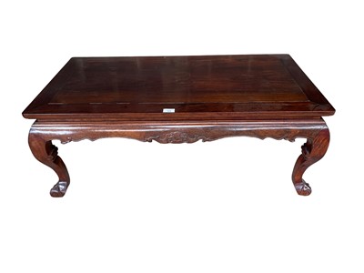 Lot 125 - Chinese hardwood low rectangular coffee table with carved and shaped scroll legs, 103cm x 52cm