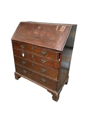 Lot 93 - George III oak bureau, with fitted interior and two short over three long graduated drawers on bracket feet, 93w x 51d x 110h