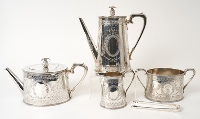 Lot 486 - Victorian Adam-style silver four piece tea and coffee service with bright cut decoration