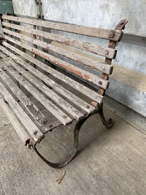 Lot 101 - Antique garden bench slat back and scroll supports, 184cm long