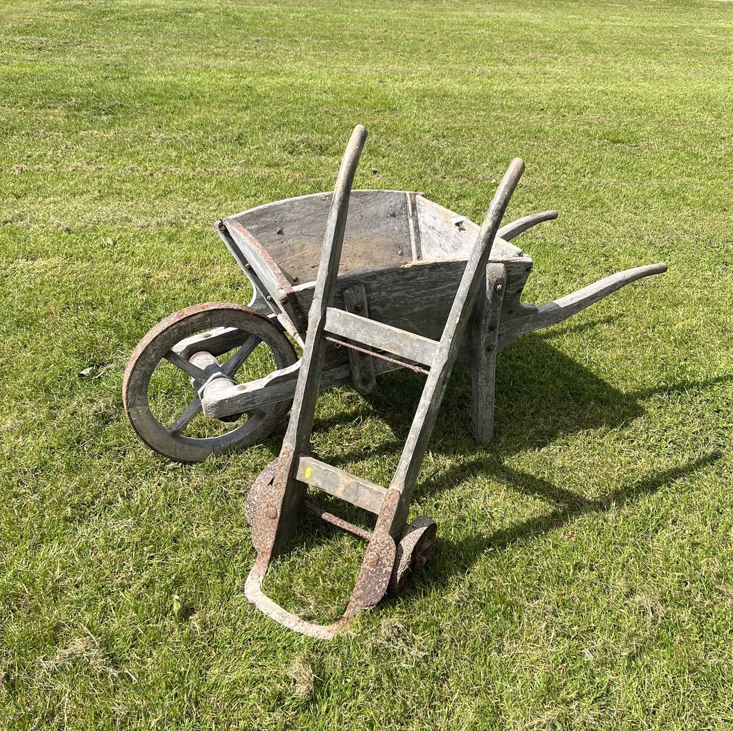 Lot 102 - Antique painted wooden wheelbarrow, together