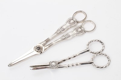 Lot 499 - Pair Victorian silver Kings pattern grape scissors (London 1847) and one other plated pair