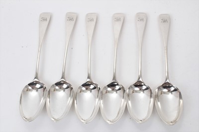 Lot 449 - Set of six Victorian silver Old English pattern table spoons with engraved initials