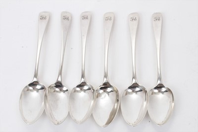 Lot 451 - Composite set of six George III silver Old English Pattern dessert spoons with engraved initials