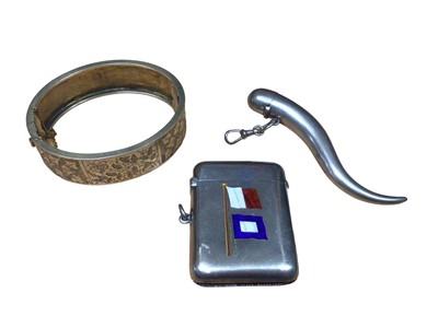 Lot 113 - Silver vesta cased with enamel decoration, white metal scent bottle and a Victorian silver bangle (3)