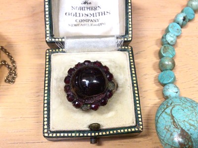 Lot 114 - Victorian bohemian garnet cluster ring, carved shell cameo brooch depicting possibly Eos, Chinese silver floral brooch etc